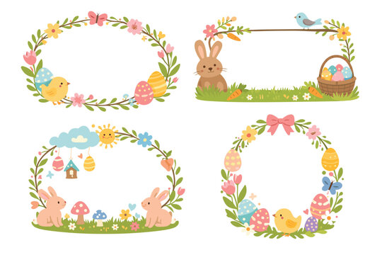 Beautiful Set of Whimsical Hand Drawn Easter Frames and Borders Featuring Cute Bunnies, Chicks, Colorful Painted Eggs, Spring Flowers, and Wreaths. Flat Vector Illustration for Holiday Design.