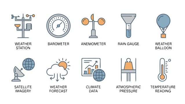 Set of 10 Meteorology and Weather Forecasting Vector Icons Featuring Barometer, Anemometer, Rain Gauge, Weather Balloon, Satellite Imagery, Climate Data, Atmospheric Pressure, and Temperature