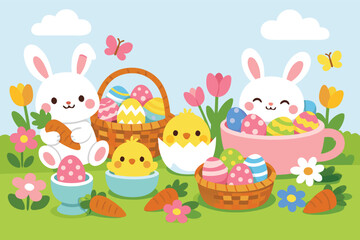 Fototapeta premium Cute Easter Vector Illustration Featuring White Bunnies, Yellow Chicks, and Colorful Decorated Eggs in Baskets and Cups. Spring Garden Scene with Flowers, Carrots, and Butterflies for Holidays.