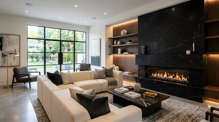Fototapeta premium Luxurious contemporary living room with a large sectional sofa modern gas fireplace adorned with dark marble and expansive windows showcasing outdoor greenery creating a warm inviting ambiance