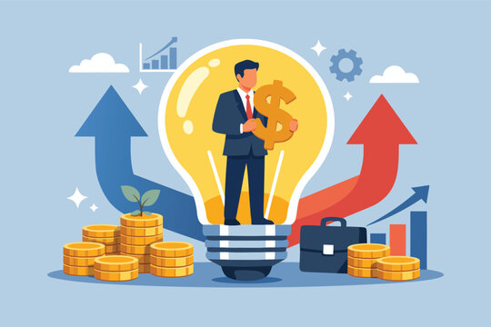 Businessman Standing Inside a Light Bulb Holding a Dollar Sign Representing Innovative Business Ideas, Financial Growth, Investment Success, Creative Strategy, and Wealth Generation Concept