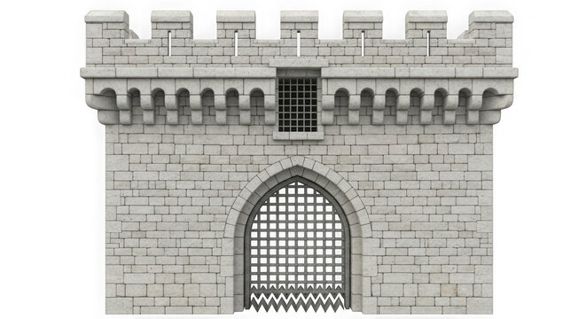 Stone castle gate with metal portcullis and brick wall texture isolated on transparent background