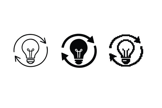 Set of Light Bulb Icons with Circular Arrows in Line Art, Solid, and Pixel Art Styles; Symbols for Creative Ideas, Innovation, Energy Efficiency, Sustainability, and Refreshing Concepts Vector