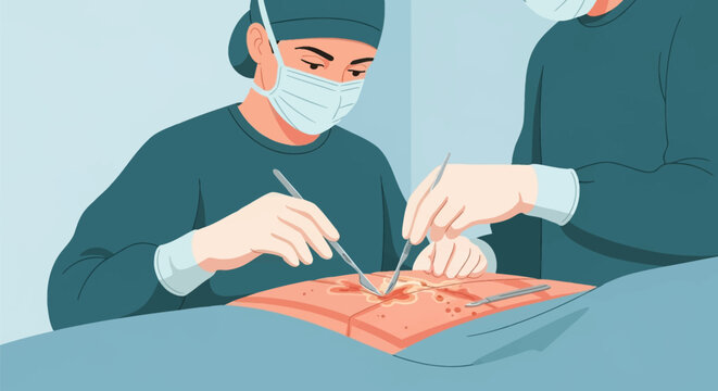 Vector illustration of professional dermatologists in surgical scrubs, masks, and gloves performing a medical procedure to remove skin lesions or moles using scalpels on a patient.