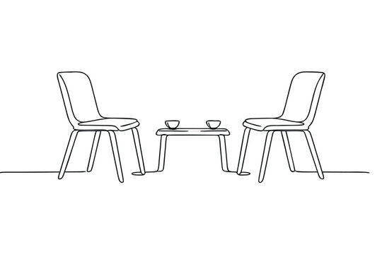 Minimalist Continuous One Line Drawing of Two Empty Chairs Facing Each Other Across a Small Table with Coffee Cups, Simple Furniture Outline Vector Illustration for Modern Interior Design Decor.