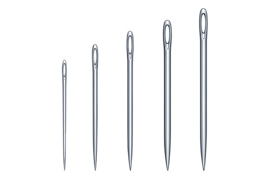 Realistic 3D Vector Set of Five Steel Sewing Needles with Large Eyes for Hand Stitching, Darning, and Embroidery; Sharp Tailoring Tools in Various Sizes Isolated on White for Craft and Hobby.