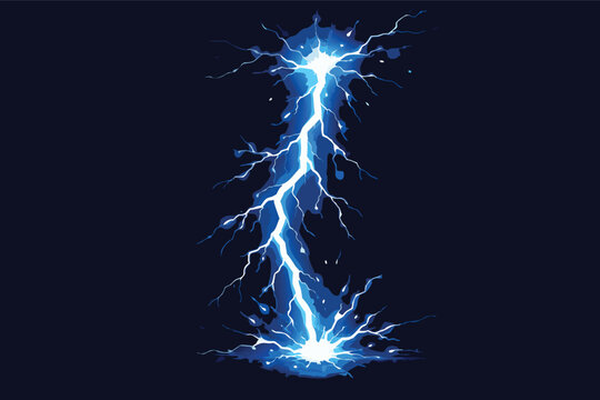 Powerful blue lightning bolt strike with electric energy discharge and glowing sparks on dark background. Abstract vector illustration of thunderbolt, electrical storm, high voltage power, and plasma