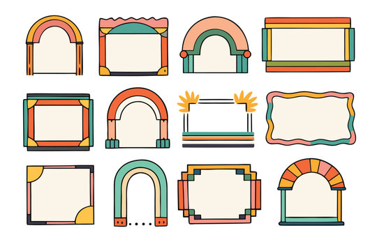 Hand Drawn Doodle Frames Set with Geometric Colorful Borders. Minimal Abstract Collection featuring Square, Arch, and Rectangular Shapes in Retro Vintage Colors for Creative Graphic Design Elements.