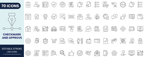 Checkmark and approve icon set in outline style. Collection of checkmark, approval, verified, success, confirmation, and validation icons. Editable stroke. Vector icon collection. © Gretta