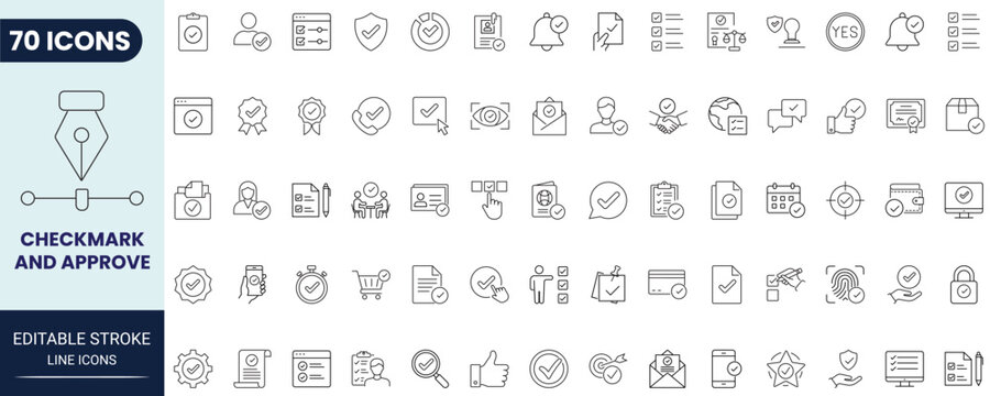 Checkmark and approve icon set in outline style. Collection of checkmark, approval, verified, success, confirmation, and validation icons. Editable stroke. Vector icon collection.