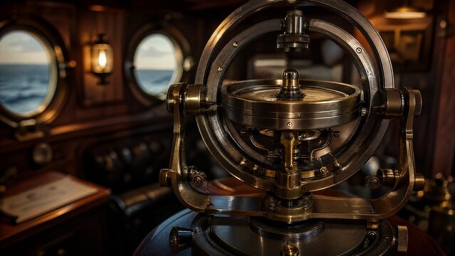gyroscope. Gyroscope maintaining level inside a gently rocking ship's cabin. STEM education sheets, lab safety posters, designed for biotech research communications, clarifies complex topics.