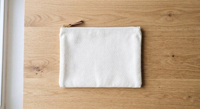 Blank white canvas zipper pouch mockup flat lay on wooden table