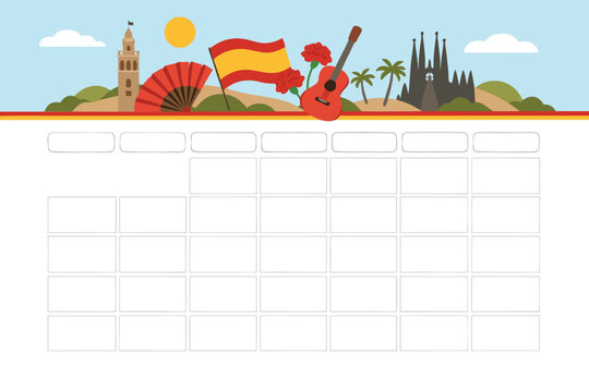 Spanish Monthly Calendar Template for March 2026 Featuring Spain Landmarks and Cultural Symbols like Sagrada Familia, Spanish Flag, Guitar, Fan, and Carnations. Flat Vector Planner Illustration.