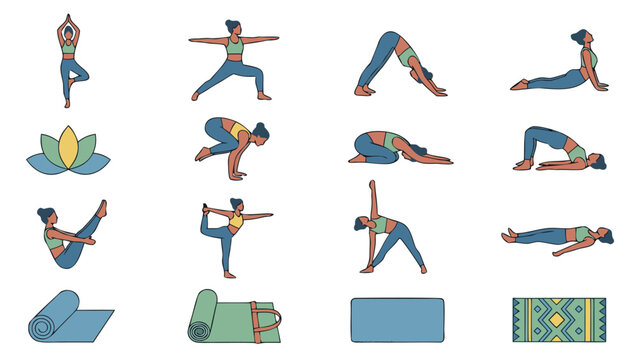 Vector Icon Set of Yoga Poses and Mats in Flat Design Style; Collection of Female Characters Practicing Asanas like Downward Dog, Warrior, and Tree Pose with Lotus Flower and Yoga Equipment.