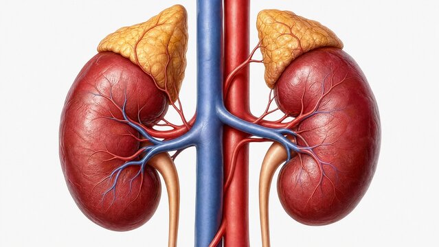 adrenal. Medical illustration of golden adrenal glands atop red kidneys with detailed vascular network. STEM education sheets.