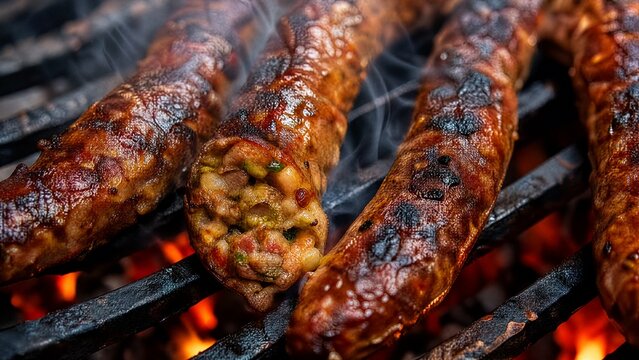 flatmate. Coarse North African spicy sausages sizzling on a charcoal grill, showing crispy, charred surface patterns. menu design.