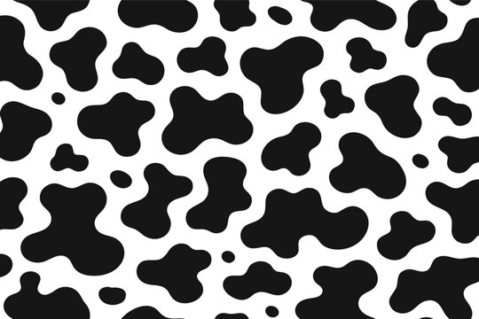 Seamless Black and White Cow Print Pattern Vector Illustration; Simple Flat Animal Skin Texture for Backgrounds, Fabric, Wallpaper, and Wrapping Paper; Classic Cowhide Spot Motif for Graphic Art.