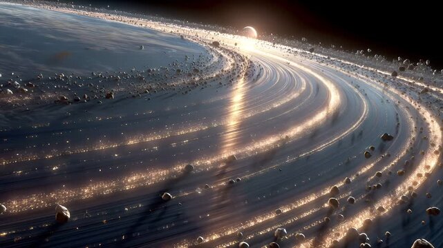Space universe exploration, fantasy, mysterious. A vivid depiction of a celestial landscape at night. The main subject is a vast expanse of water, illuminated by a warm, golden light.