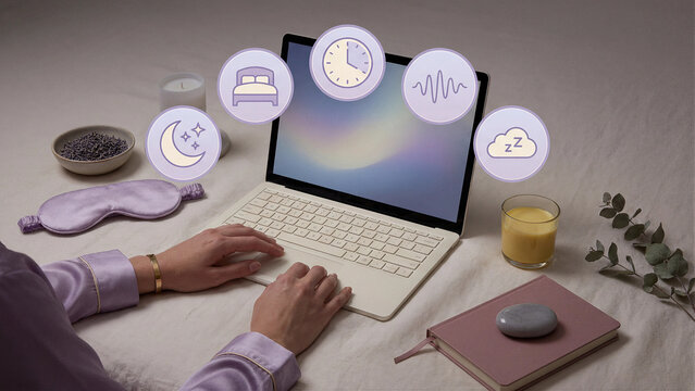 Improving Sleep Quality and Bedtime Routine with Digital Sleep Tracker App Laptop Concept Soft Purple Icons Moon Bed Clock Sound Wave Cloud Night Rest Lavender Calm Wellness Desk