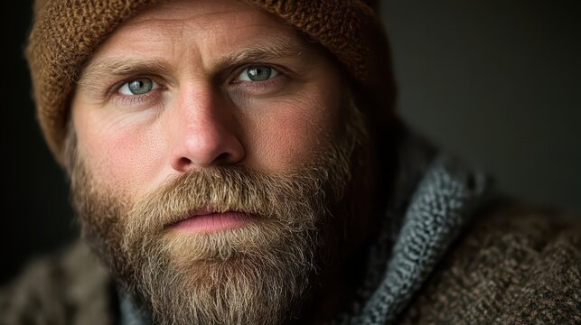 Close-up portrait of a rugged man with a beard and beanie, looking intensely forward with a serious expression.