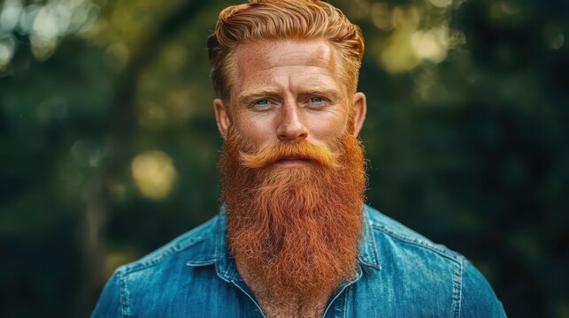 Portrait of a rugged man with a long red beard and blue eyes, wearing a denim shirt outdoors