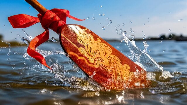 paddle. Dragon boat paddle cutting through water with red ribbon, dynamic action. event key visuals, club posters, designed for fitness apps and gym onboarding, boosts motivation.