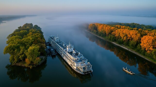 Misty Autumn Dawn Over Calm River: Abandoned Derelict Ship Moored by Wooded Island, Small Fishing Boat Sailing By Golden Autumn Foliage Riverbanks