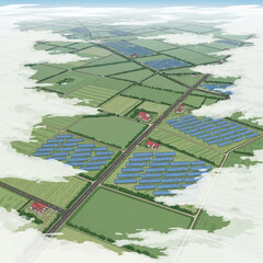 Fototapeta premium Aerial perspective illustration of rural farmland featuring organized solar panel arrays, green agricultural fields, paved roads, and red-roofed farmhouses viewed through thin white clouds.