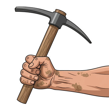 Illustration of a dirty muscular forearm and hand tightly gripping a pickaxe with a wooden handle and sharp metal head, isolated on a white background for manual labor and mining.