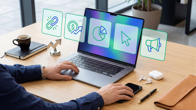 Affiliate Marketing and Performance Advertising Revenue Works Concept Businessman Using Laptop and Smartphone with Glowing Green Blue Link Commission Chart Click Megaphone Icons