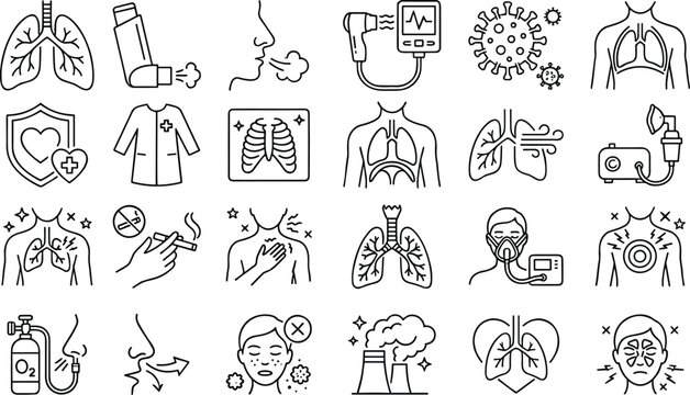 Respiratory health and lung disease line icons depicting asthma allergy air pollution and medical ventilation.