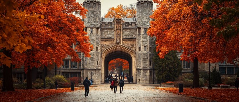 Autumnal campus archway; students walk; fall foliage