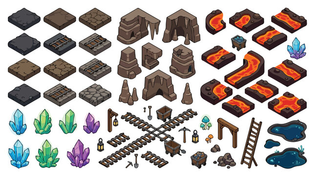 Isometric dungeon game assets, pixel art underground mine environment kit, lava and crystal cave map builder elements, 2D game design vector set
