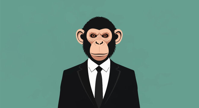 Stylized vector illustration of a chimpanzee head on a human body wearing a formal black suit, white shirt, and black tie, isolated against a solid flat teal background.
