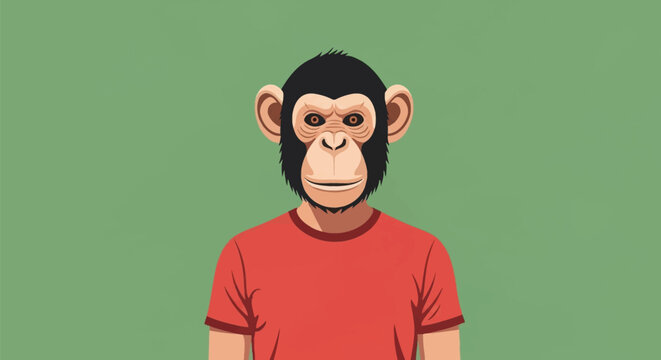 Vector illustration of a male figure with a chimpanzee head wearing a red t-shirt positioned against a solid green background, showing a clean flat design style and primate mask.