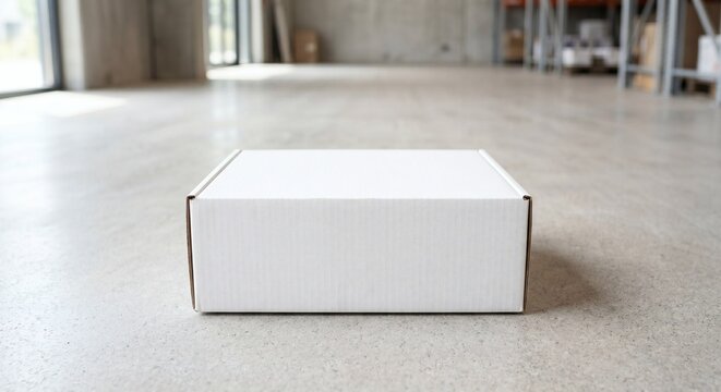 Blank white corrugated mailer shipping box mockup on concrete