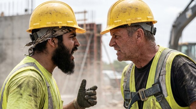Side view of angry diverse construction workers in hard hats arguing and yelling face to face at building site. Workplace conflict, stress and project delay concept