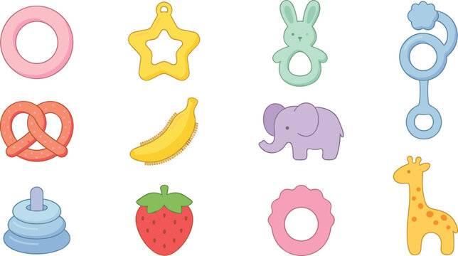 Baby Teether and Rattle Toy Set with Ring Star Bunny Pretzel Banana Elephant Strawberry Donut Giraffe and Stack Vector