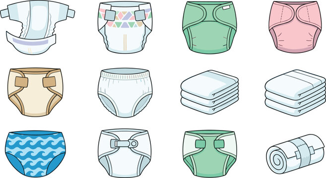 Baby Diaper and Nappy Collection Set with Disposable Cloth Reusable Folded and Rolled Types in Various Colors Vector Illustration