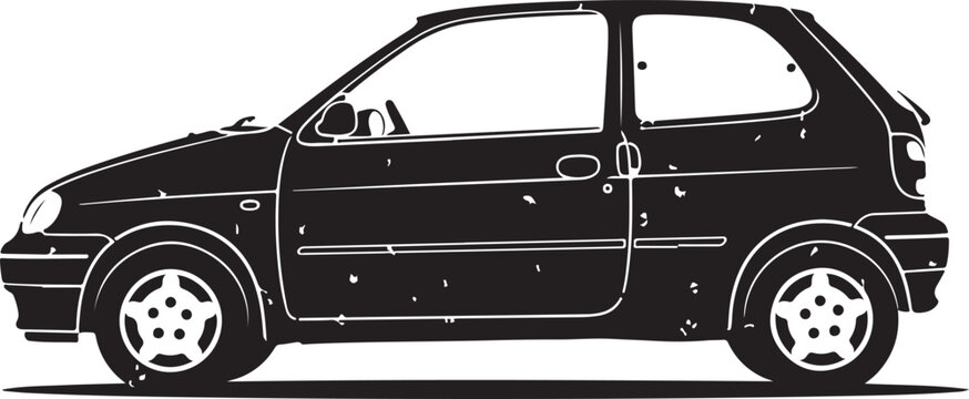 Vintage black and white illustration of a retro classic hatchback compact car from the nineteen nineties presented as a detailed side view vector graphic icon