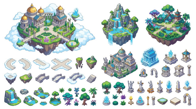 Isometric fantasy floating islands game assets, magical sky world map builder kit, 2D pixel art style environment icons for mobile gaming
