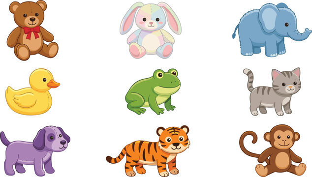 Cute Baby Animal Set with Bear Bunny Elephant Duck Frog Cat Dog Tiger and Monkey Cartoon Character Vector&nbsp;