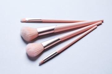 Fototapeta premium Set of makeup brushes on light grey background
