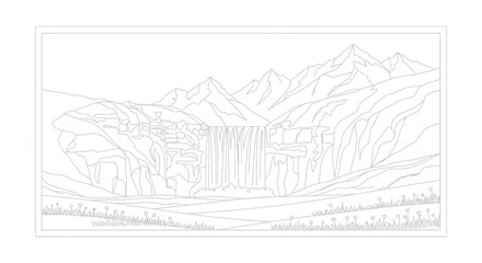 Fototapeta premium Majestic Waterfall Cascading Down Rugged Mountains into a Serene Valley Landscape