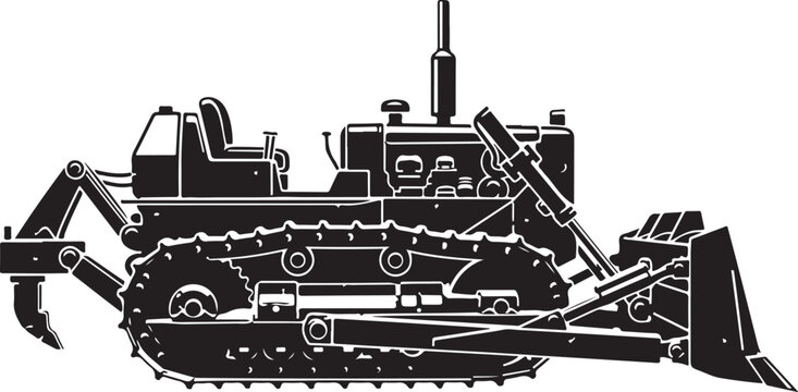 Detailed industrial black and white vector illustration of a heavy construction bulldozer machinery vehicle showing side view profile isolated on plain white background