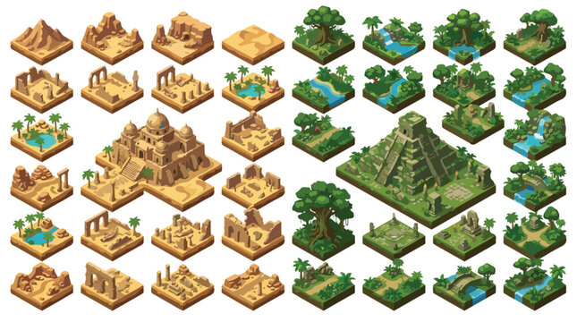 Isometric game assets collection, desert ruins and jungle temple map tiles, ancient civilization environment vector set for world building