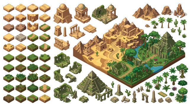 Isometric ancient ruins game assets, desert and jungle temple map tiles, 2D vector environment kit for strategy games and world building
