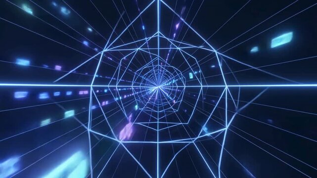 Abstract geometric tunnel with glowing blue lines and colorful rectangles in a digital space.