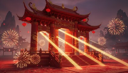 Fototapeta premium Chinese temple gate with fireworks at night