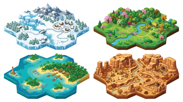 Isometric game map tiles set, 4 fantasy world biomes including winter tundra, lush forest, tropical island, and desert canyon, strategy game level design